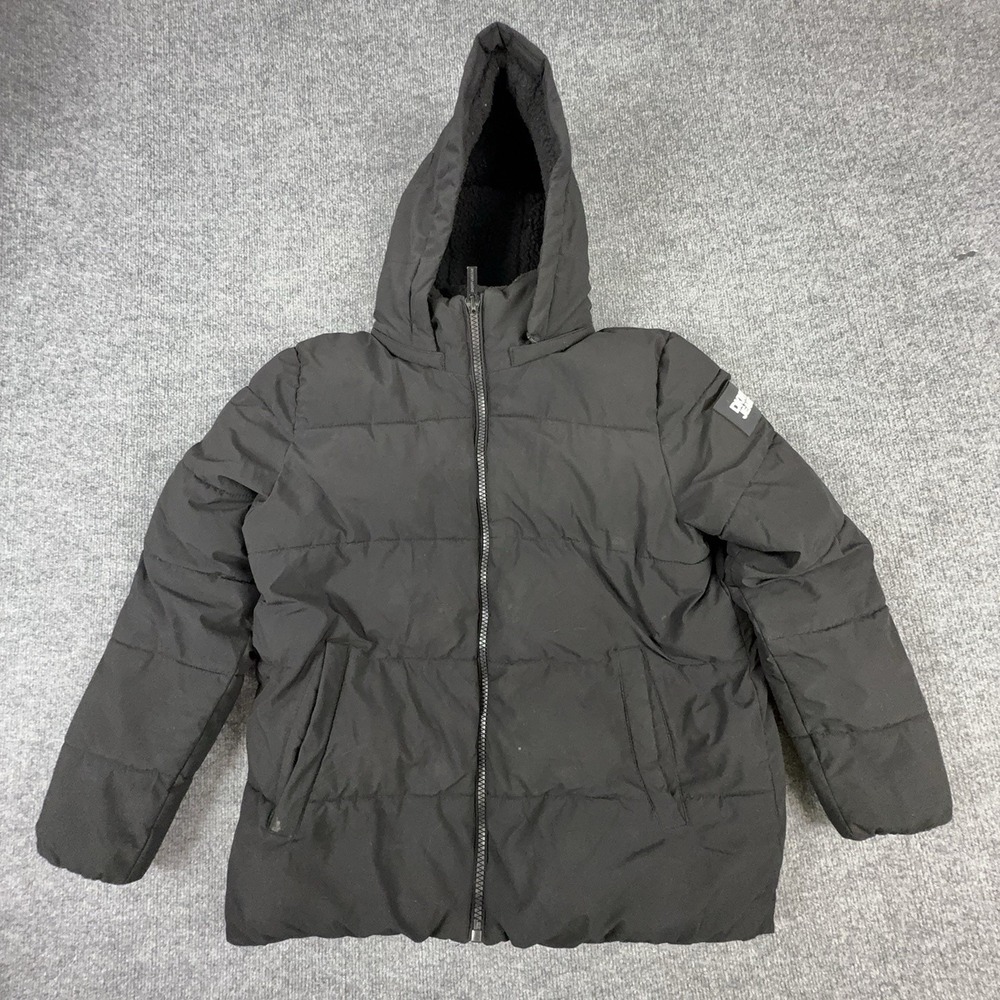 DKNY Jeans Jacket Womens Large Black Hooded Quilted Puffer Full Zip Warm